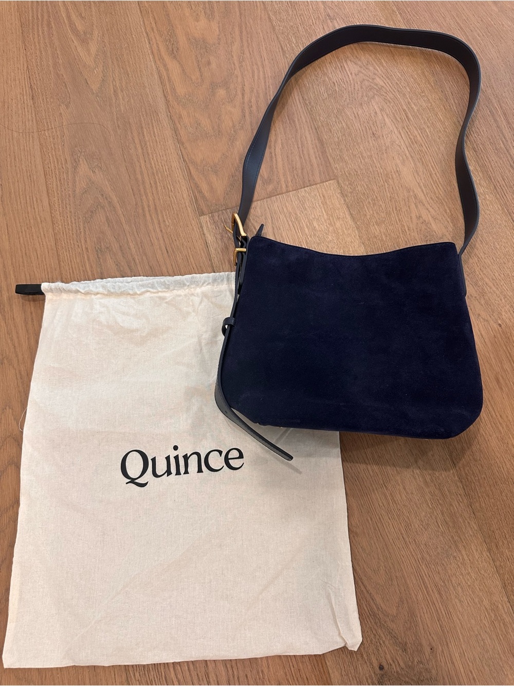 Quince Navy Suede Shoulder Bag with Leather Strap